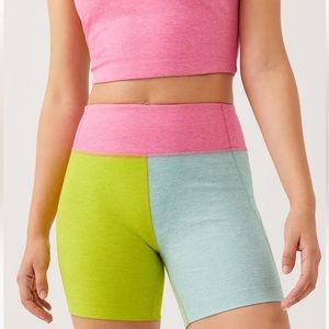 outdoor voices warm up bike shorts in bubblegum/peridot/arctic